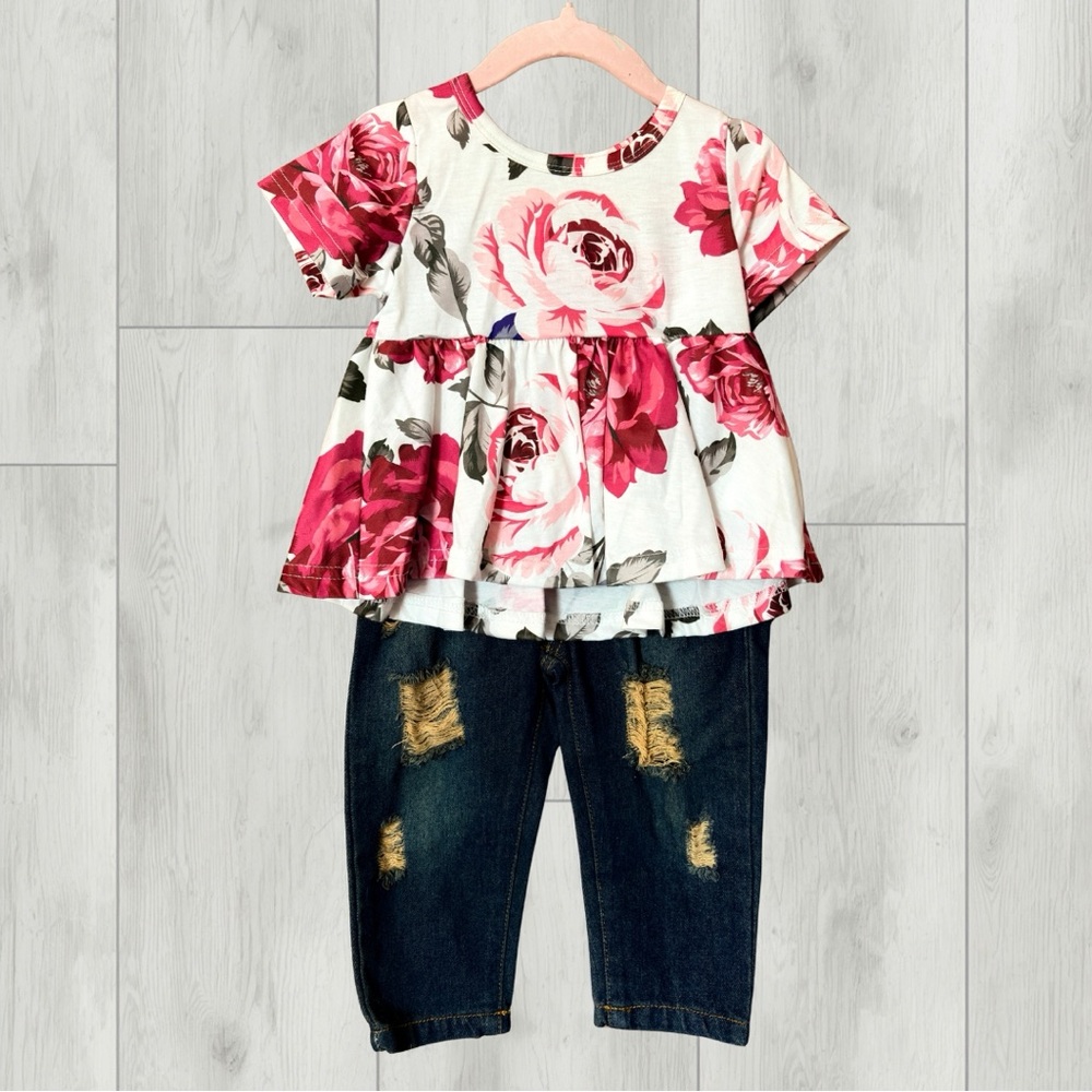 Girls Floral Tiered Top and Distressed Dark Jeans Set - Pink & White - 9-12M - Picture 1 of 2